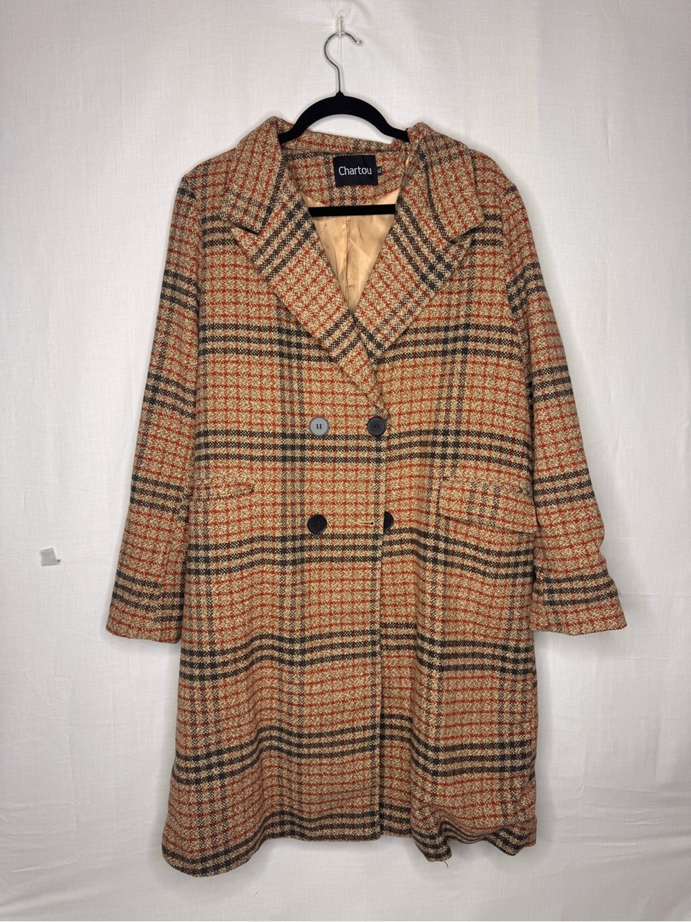 Vintage Chartou Women Plaid Double-Breasted Brown Pea Coat Heritage Academia